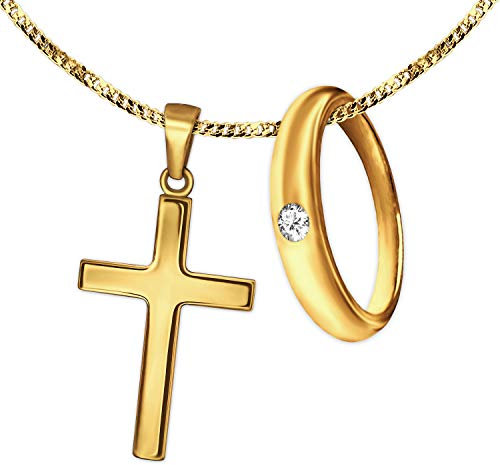 CLEVER SCHMUCK Set Goldkette & 2 Anhänger Taufring Zirkonia weiß & Kinder Kreuz 15 mm schlicht & feine Kette Panzer 38 cm beides 333 Gold 8 Karat im Schmucketui