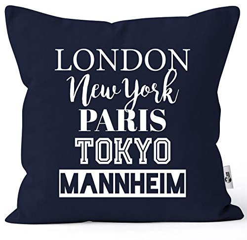 MoonWorks® Kissen-Bezug London Paris New York Tokyo Deine Stadt Dorf Ort Ortsname Kissen-Hülle Deko-Kissen Baumwolle Navy Unisize