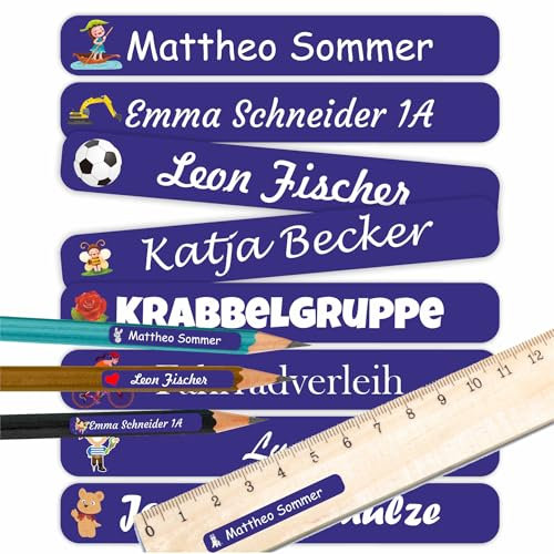INDIGOS UG - Namensaufkleber Kinder Schule blau - 60 Sticker - 5 x 1,5cm - Namensschilder personalisiert für KITA, Kindergarten - Aufkleber selbst gestalten - Stifte, Hefte, Federmappe