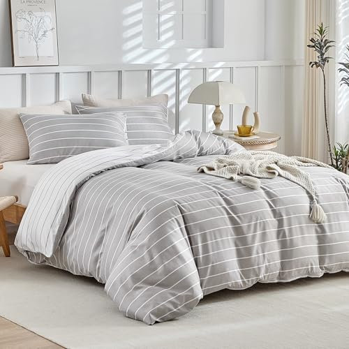Lekesky Grey King Size Duvet Cover Sets - Boho Stripe Print Grey Bedding Sets King Size (1x Duvet Cover, 2x Pillowcases) Ultra-Soft Microfibre Duvet Set 230x220 cm