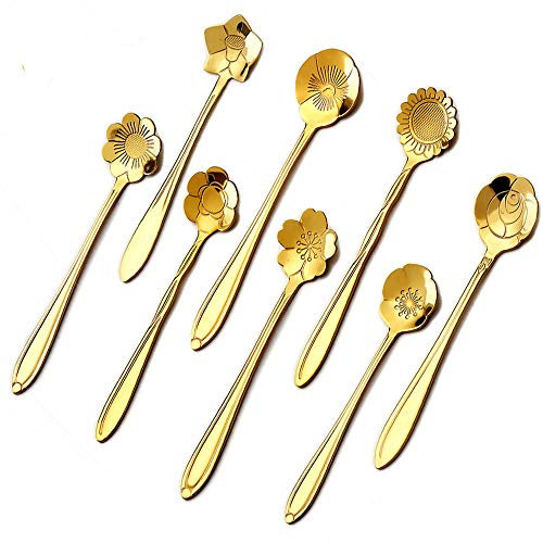 Stainless Steel Flower Coffee Spoon Set, LEIHEFA 8 Pcs Creative Tea Spoon,Stirring Spoon, Ice Tea Spoon for Tea, Cake, Sugar, Dessert Ice Cream Spoon (Gold)