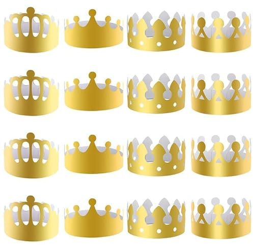 Runmeihe 16 Stück goldene Papierkronen für Kinder und Erwachsene, 4 Stile verstellbare Königskrone, Partyhüte, Königs-Charles III-Krönungsdekorationen, Geburtstag, Feierbedarf