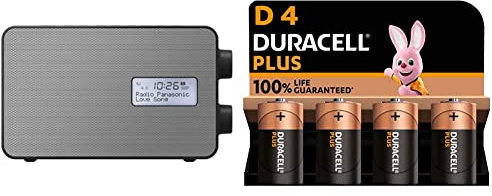 Panasonic RF-D30BTEG-K Digitalradio mit Bluetooth (DAB+, UKW, Netz und Batteriebetrieb, Spritzwasserschutz, AUX) schwarz & Duracell Plus D Mono Alkaline-Batterien, 1.5V LR20 MN1300, 4er-Pack