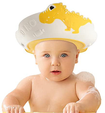 FUNUPUP Duschhaube Kinder Baby Verstellbare Dinosaurier-Form Haare Waschen Kinderschutz Schild Shampoo Schutz Baby-Visier für Augen und Ohren (Dinosaurier-Gelb)