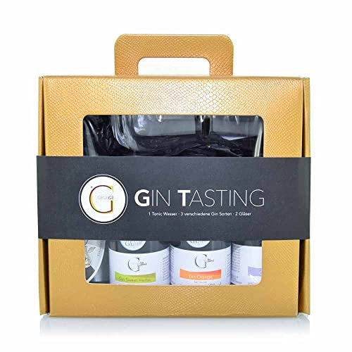 GeGeGe GIN TASTING Geschenk-Set · 3 Gin-Sorten, 1 Tonic Water & Gin Glas · Hochwertiges Gin Tasting Set & Gin Geschenkset mit Gin Glas im Goldkoffer