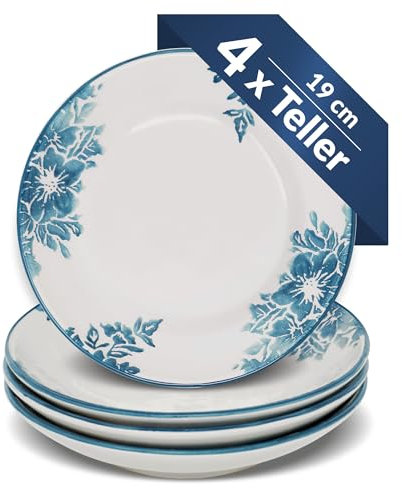Lashuma Piatti in ceramica con fiori blu, genziana, set di piatti fondi, 4 pezzi, profondità 19 cm Ø