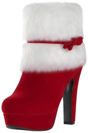 MRKEWUNEY Women's Christmas Ankle Boots Side Zipper Winter Fur Lined Heeled Booties Block Platform Heels Christmas Evening Shoes Red Size 37