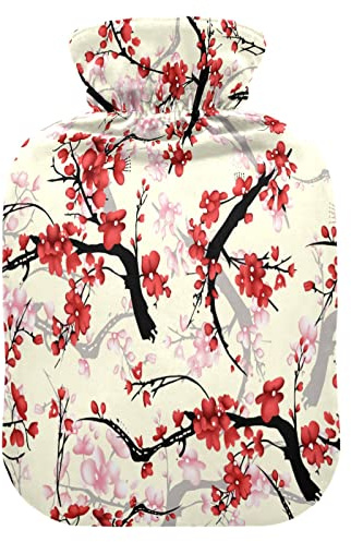 Cherry Blossom Flower Japan Hot Water Bottle with Cover, 1 L Transparent Hot Water Bag Hot Cold Compress, Great for Cramps Back Shoulder Pain Relief, Kids Men Women Hand Foot Warmer