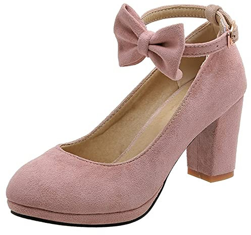 Décolleté con Tacco Largo da Donna, Pompe al Tallone Alto Punta Rotonda Fibbia Scarpe da Sera con Plateau con Cinturino alla Caviglia Bowknot Moda Gokjgb Rosa Numero 39 EU