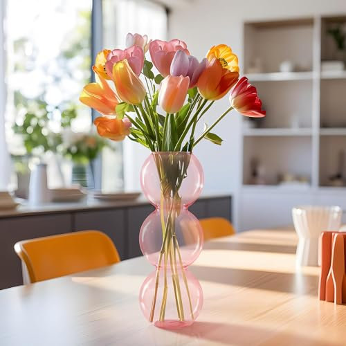 Navaris Vaso a Bolle - Vaso Alto da Interno di Vetro - Trasparente Decorativo di Design - Lungo per Tulipani e Fiori Alti - Vaso Alto Ø12x34cm Rosa