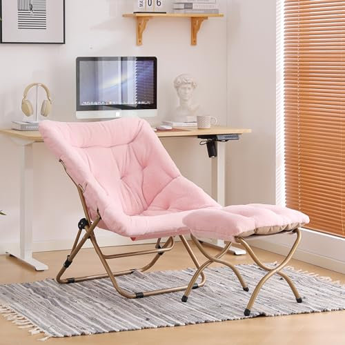 YOTATING Saucer Chair with Ottoman, Comfy Faux Fur Chair Oversized Folding Soft Furry Lounge Lazy Chair Metal Frame Moon Chair Accent Chair for Bedroom, Living Room, Dorm Rooms, Pink