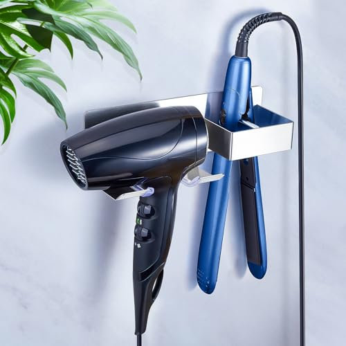 Fönhalter Wand Ohne Bohren, GGQ Föhn Halterung für Haartrockner und Glätteisen, Föhnhalter Aufbewahrung Edelstahl, Haartrocknerhalter Wandhalterung Glätteisen Halterung, Selbstklebend Fönhalterung Bad