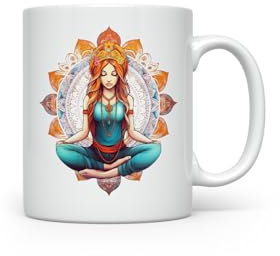 MAXIKIWI - Taza de café o té de cerámica suave y duradera para el hogar u oficina - Perfecta para cualquier ocasión - Yoga Girl y Mandala - 350ml