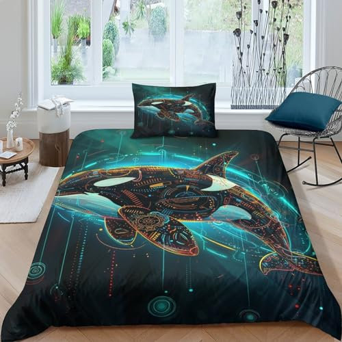 Orca mit Neonlichtern und Zahnrädern 3D-gedruckt Bettwäsche Set 3teilig Bettbezug Mikrofaser Mit Reißverschluss Und Kissenbezug Geeignet Für Kinder, Jugendliche Und Erwachsene Single(135x200cm)