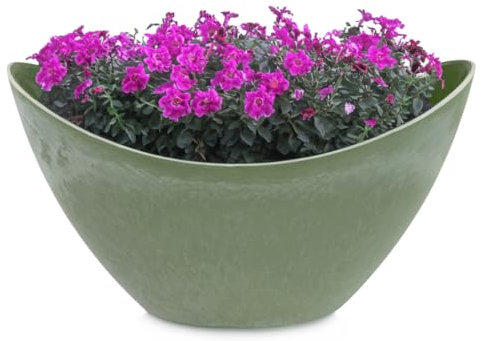 Ovale Pflanzschale für draußen - Hohe Schiff Deko-Schale in grüner Stein-Optik als Blumen-Topf Pflanztopf - 20 cm Jardiniere für Garten Balkon oder Friedhof als wetterfester Grab-Schmuck