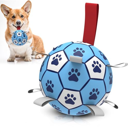HETOO Dog Football with Straps,Interactive Toys for Tug of War, Puppy Birthday Gifts, Dog Water Toy, Durable Dog Balls for Small & Medium Breeds Play Outdoor Indoor-Light Blue (6 Inch)