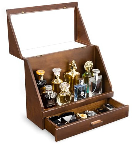 Miratino Cologne Organizer for Men, Wood Cologne Stand with Drawer, Large Capacity Perfume Organizer with Cologne Holder Display