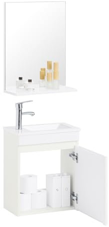 SoBuy Meuble Suspendu pour Lavabo avec Miroir Meuble sous Vasque avec Miroir Ensemble de Lavabo en céramique avec Miroir Meuble Lave-Mains avec Miroir, Blanc, BZR170-SET