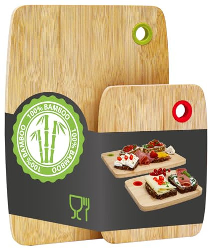 DuneDesign Massiv & Beständig: Farbcodiertes Schneidebrett Bambus 2er Set - 30x22cm Antibakterielles Holzbrett mit Farbcode - Küchenbretter Bambus Schneidebrett Holz Holzbrett Küche Zubehör Haushalt