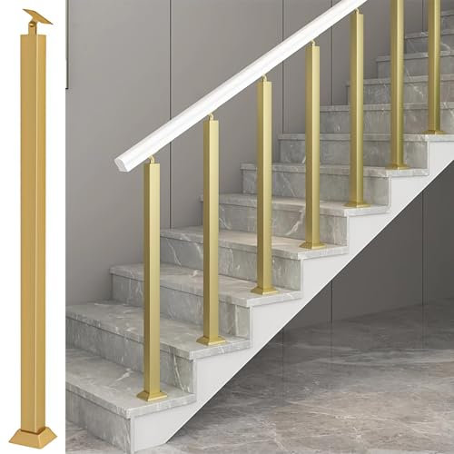 Geländer Außen/Innen Treppengeländer, Geländerpfosten, Quadratische Geländerspindel Aus Schmiedeeisen, Einstellbare 270°-Winkelhalterung, Für Treppen Terrass Flure Wohnungen Villen, 1PC(Gold,H90cm/35