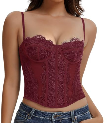 Werkiss Lace Boned Corset Top for Women Going Out Bustier Corset Top with Straps Sexy Overbust Corsets Push Up Crop Tops
