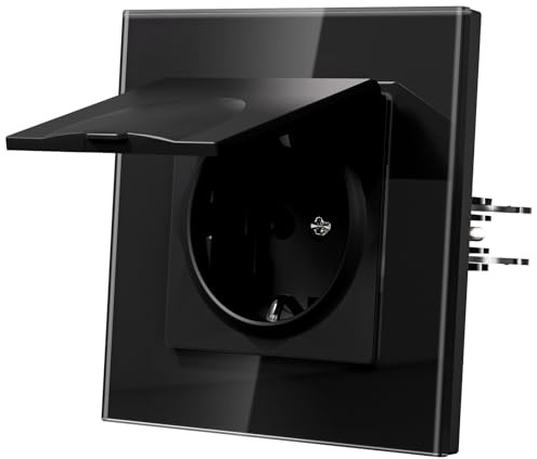 MVAVA Schuko Steckdose EU-Standard, 1 Fach Feuchtraum Steckdose Unterputz mit Glasrahmen, 86mm x 86mm Unterputz Steckdosen, Einfache Installation, Schwarz
