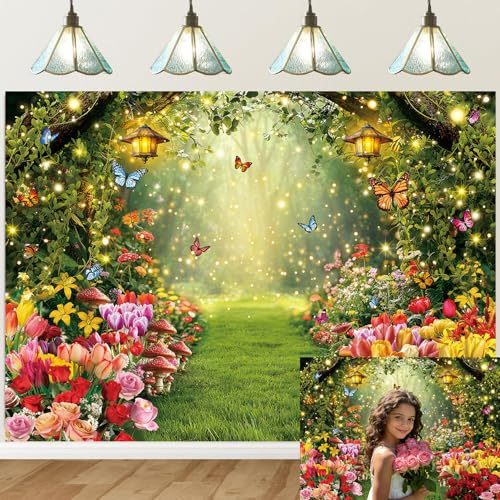 Toile de fond forêt enchantée vert printemps papillon fleur photographie fond princesse fée thé fête d'anniversaire gâteau décoration bannière (240 x 180 cm)