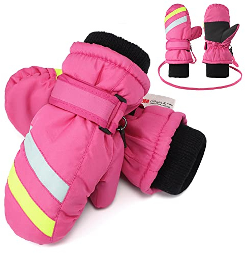 F Flammi Toddler Kids Snow Mittens with String Waterproof Ski Mittens Thinsulate Winter Gloves for Baby Girls Boys(Pink,2-4)