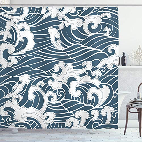 ABAKUHAUS japanische Welle Duschvorhang, Fluss Sturm Retro, Stoffliches Gewebe Badezimmerdekorationsset mit Haken, 175 x 240 cm, Slate Blau Weiß