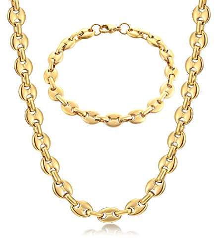 AFSTALR Collana Chicco di caffè Uomo Acciaio Inossidabile 11mm Bracciale Chicco di caffè in Set Bracciale con Catena Uomo Gioielli Oro Hip Hop di caffè Argento 61CM