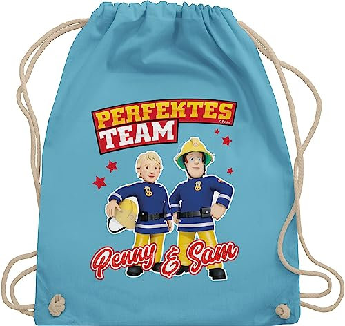 Turnbeutel Rucksack - Feuerwehrmann Tasche - Perfektes Team - Penny & Sam - Unisize - Hellblau - feuerwehr mann umhängebeutel stoff beutel kinder turnsackerl sportbeutel stoffsackerl mit kordelzug