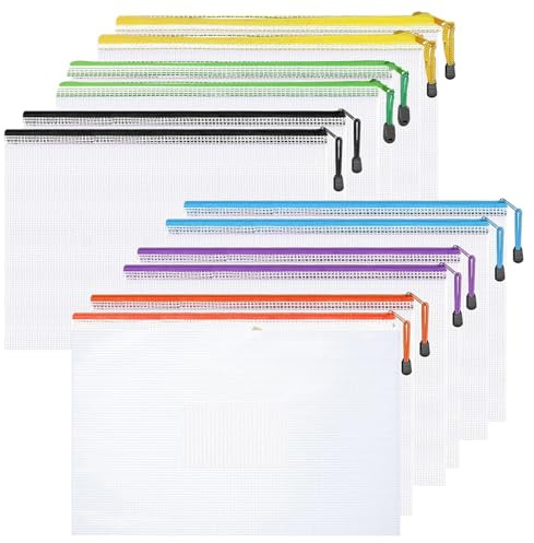 A4 Plastic Zip Wallets - 12PCS Zip Lock Bags Plastic Document Folders Mesh Zipper File Bags Waterproof Travel Storage Pouch for School Office Supplies (Multi, A4)