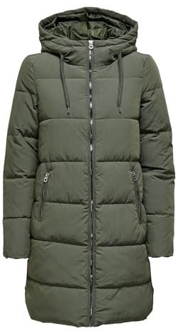 ONLY Damen Lange Puffer Jacke | Warmer Stepp Wintermantel mit Kapuze | Wattierter Blouson ONLDOLLY, Farben:Khaki, Größe:S