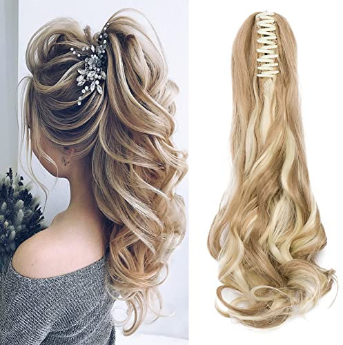 Cybelleza Clip in Ponytail Extensions Zopf Haarteil Claw Pferdeschwanz Haarverlängerung wie Echthaar Gewellt Lockig Kunsthaare Lang Haar Hitzebeständig, Sandiges Blond & Bleiches Blond