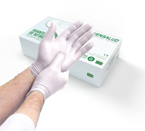 VENSALUD | Gants NITRILE jetables | Sans poussière | Résistant | Pour laboratoires, sanitaires, cuisine, studios de tatouage, vétérinaire, nettoyage | Sans latex | Pack 100 pcs. | Blanc | Taille M