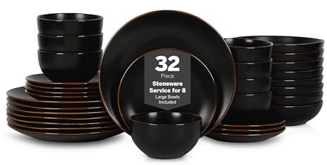 Stone Lain Brasa Steinzeug 32-teiliges Geschirrset, Teller und Schüssel-Sets für 8 Personen, schwarz, glänzendes rustikales Design, mikrowellen- und spülmaschinenfest