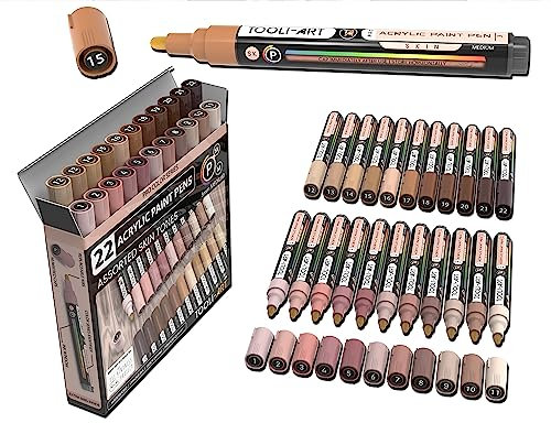 TOOLI-ART 22 Acrylic Paint Markers Paint Pens Pro Colour Series Set 3mm Medium Tip for Rock Painting, Glass, Mugs, Wood, Metal, Glass Paint, Canvas, DIY. Non Toxic, Waterbased, Quick Drying (SKIN)