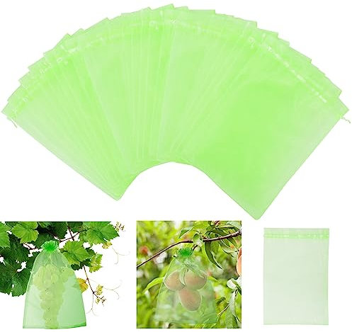 WD&CD 50 Stück Trauben-Schutzbeutel 20X30cm Grün Organzabeutel mit Zugband, Traubenschutzbeutel Garten Netzbeutel Schutz vor Kirschessigfliege Wespen and Vögeln