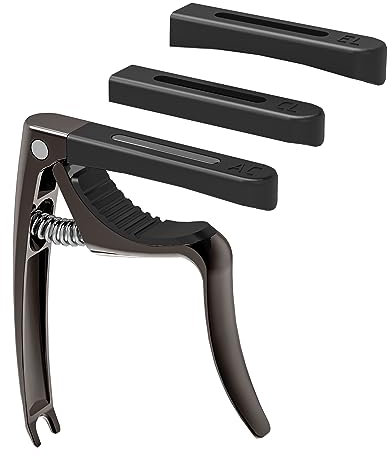 Linrax C3 Guitar Capo, 4 in 1 Capo with Bridge Pin Puller, Capos for Acoustic Guitar Electric Guitar Classical Guitar Bass Ukulele Banjo Mandolin, 3 Silicone Heads, Guitar Accessories, Black Chrome