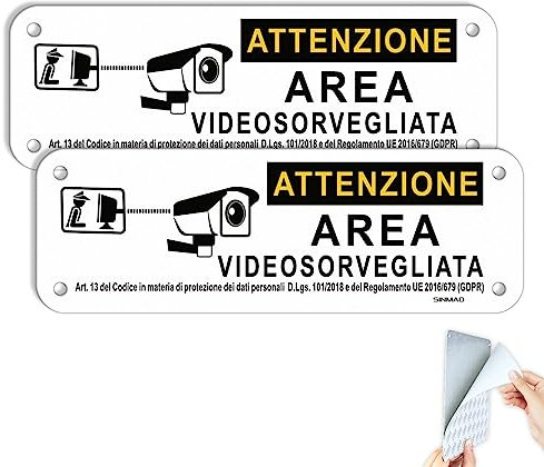SINMAO Cartello Area Videosorvegliata 15x5 | Cartello Area Videosorveglianza Adesivo per Locali e Proprietà Privata GDPR 2020, Alluminio riflettente