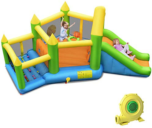 GOPLUS Ausblasbare Hüpfburg, Hüpfschloss mit Rutsche, Sprungbereich, Kletterwand, Basketballkorb & Zielspiel, Springburg von 3-10 Jahren für Drinnen & Draußen (Polygon, Mit Gebläse)