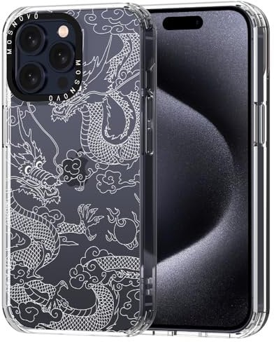 MOSNOVO für iPhone 15 Pro Max Hülle – Durchsichtige, schlanke, stoßfeste TPU+PC-Handyhülle, [6,6 Fuß Fallschutz/Anti-Abziehen] - Weißer Drache