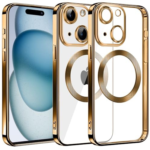 S. Dawezo Magnetisch für iPhone 15 Hülle, Kompatibel mit MagSafe, Militärnorm Schutz, Kratzfest, Stoßfest, Kameraschutz, Transparente HandyHülle Case für iPhone 15, Gold
