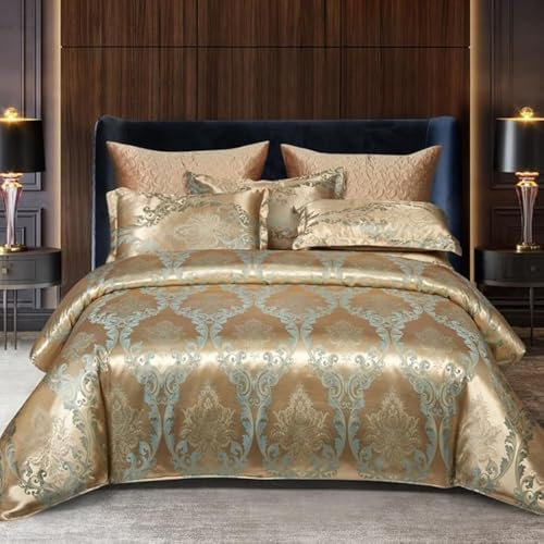 DXHOME Bettwäsche 200x200 cm Gold Beige Seide Satin Romantisch Muster Bettwäsche Barock Wendebettwäsche Set 3teilig Bettbezug Sets mit Reißverschluss und 2 Kissenbezüge 80 x 80cm