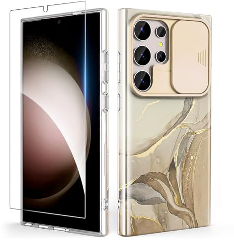 SHEDEER for Samsung S24 Ultra Case with Slide Camera Cover + Screen Protector, Samsung Galaxy S24 Ultra Case Slim Fit Lightweight, Glossy Fade-Resistant Pattern Design Phone Cover (Beige)