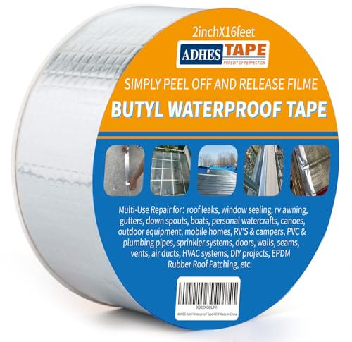 ADHES Butyl Tape Waterproof Tape for Leak 47 mil Thick, 2 inch x 16 feet, Aluminum Foil Tape Sealant tape for outdoor Roof Repair, Silicone, Boat and Pipe Sealing, Glass & EDPM Rubber Patching,Silver