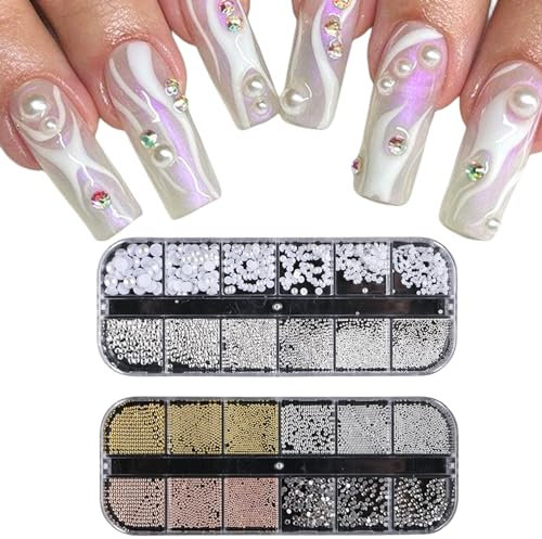 3D Nail Charms, 2 Boxes Multi-Shape Nail Art Charms Nail Rhinestones Flat Nail Pearls Gold Silver Caviar Beads Crystal Nail Gems for Nail Art Decoration DIY Crafts (F)