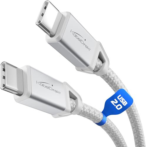 KabelDirekt – Cable USB-C para Carga Rápida, Conectores Metálicos + Trenzado de Nylon, USB 2.0 – 1m (Carga de Teléfonos/Portátiles con 60W, Ideal como Cable de Carga/Datos, Blanco)