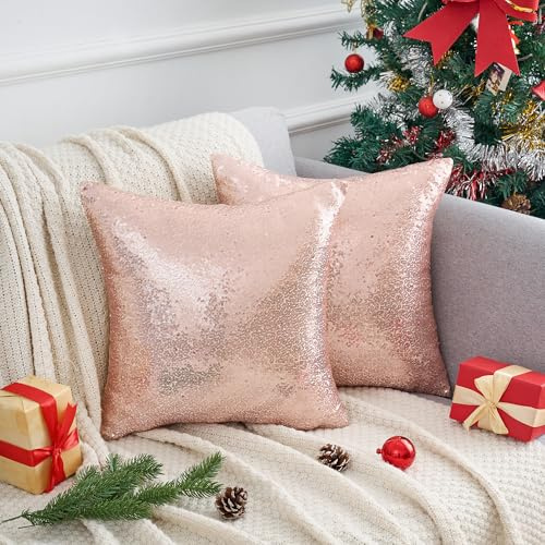 Uxcell Wedding Decorative Bling Sequin Throw Pillow Covers Set of 2 | Satin back with invisible zipper. Sparkles under light for parties. Easy on-off design. Rose Gold 45 x 45 cm