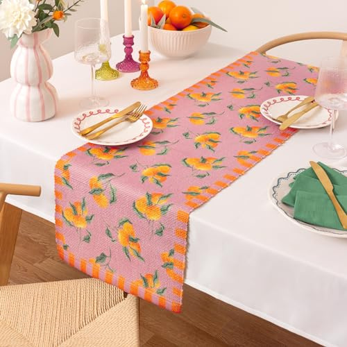 furn. Oranges Table Runner – Washable Striped Mediterranean Fruits Quick Drying Dining Table Decoration (Pink - 220x35cm)